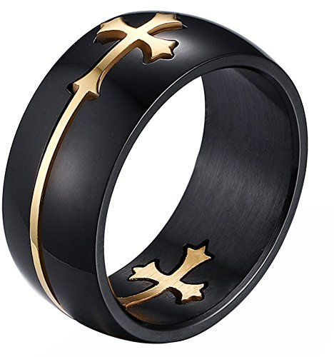 JewelryWe Schmuck 8mm Herren Ring, Kreuz abziehbar Edelstahlring, Schwarz Gold Bandring Größe 71 mit Geschenk Tüte