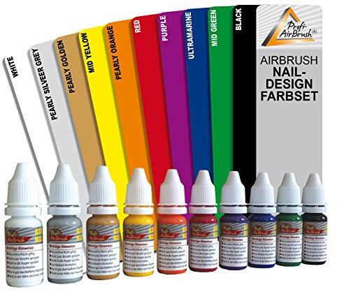 10er Set AIRBRUSH FARBEN für AIRBRUSH NAILDESIGN - Airbrushfarbe für die Nägel, bedingt auch geeignet für Airbrush Tattoo, Airbrush im Modellbau - AIRBRUSH FARBEN WASSERVERDÜNNBAR