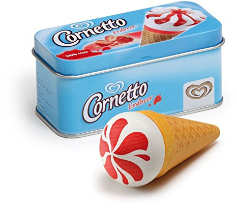 Erzi 14005 EIS Cornetto Erdbeer aus Holz in der Dose, Kaufladenartikel für Kinder, Rollenspiele