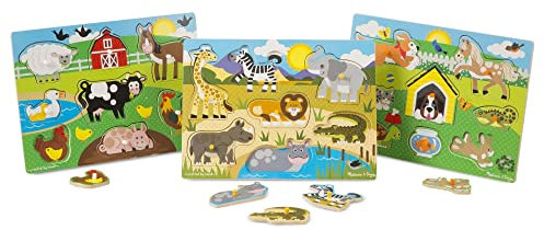 Melissa & Doug World of Animals Wooden Peg Puzzles Set - Pets, Farm, and Safari