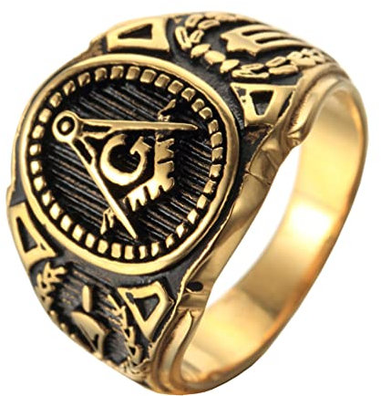 OAKKY Herren Edelstahl Weinlese Freimaurerischen Freimaurer Ring Symbol Mitglied Gold Band Größe 68 (21.6)