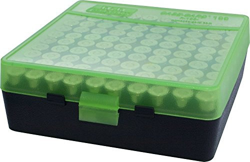 MTM P-100-44-16T 100 - Caja redonda de munición abatible 41/44/45 Cal, fabricada en Estados Unidos, verde transparente/negro