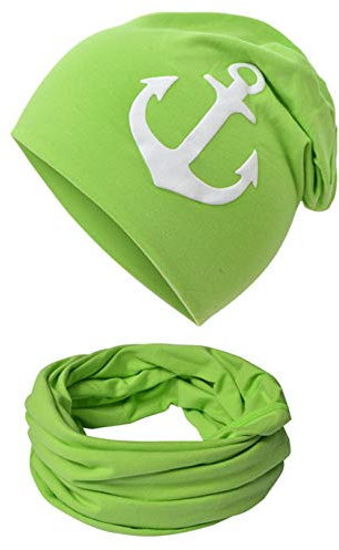 Baby Kinder Jersey Slouch Beanie Long Mütze mit Anker Unisex Baumwolle Trend Babybeanie-WeissAnker-Grün-48