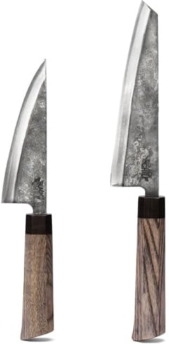 Black Chili Küchenmesser Set (2-teilig) | Santoku Messer & Gemüsemesser mit Esche Holzgriff | 13 & 17 cm Carbonstahl Klinge | Kochmesser für Fleisch und Gemüse | HABANERO-17 & JALAPENO-13