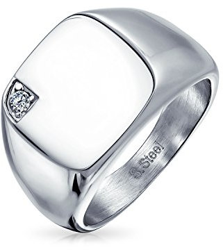 Bling Jewelry Personalisierter Herrenring Mit Kubischem Zirkonia CZ Akzent Monogramm Initialen Gravur Statement Siegelring Für Männer Silberfarbener Edelstahl