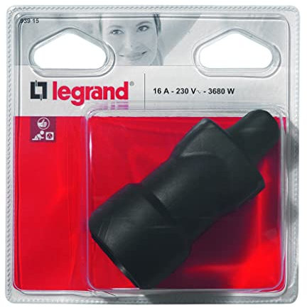 LEGRAND - Fiche Femelle Avec Terre - Fiche Electrique Caoutchouc avec Serre-Câble à Vis - 16A - Sortie Droite - Fabriqué En France - Noire (Livrée Sous Blister)