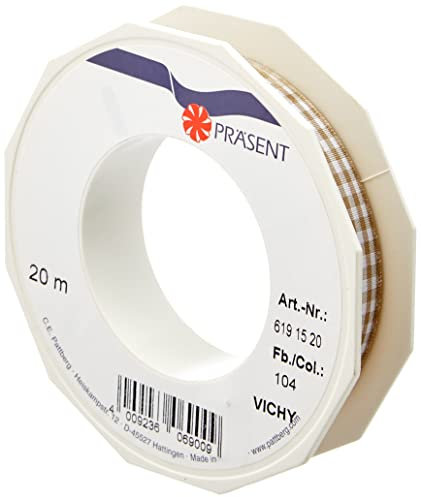 Präsent Vichy Geschenkband Taupe/weiß, 20 m Dekoband zum Verzieren & Basteln, 15 mm Breite, Kariertes Band für Bunte Dekos & Geschenkverpackungen, zu feierlichen Anlässen