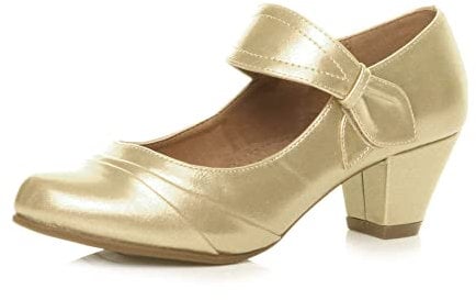 AJVANI mid Heel Mary Jane Strap Smart Work Comfort Court Shoes Size 5 38 Gold