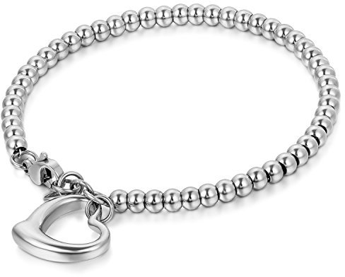 JewelryWe Schmuck Charme Damen Kugel Perlen Armband,Handgelenk Kugel Perlenkette mit Herz Anhänger, Edelstahl Armreif, Silber