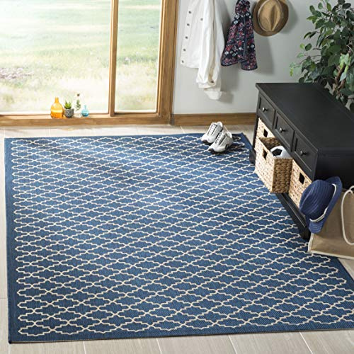 SAFAVIEH Washable Rug Outdoor Courtyard Collection - 5'3 Square, Navy & Beige, Non-Shedding & Easy Cleaning, Ideal for Patio, Backyard, Mudroom (CY6919-268)