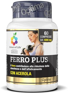 Colours of Life Ferro Plus - Integratore di Ferro - Favorisce le Funzioni del Sistema Immunitario, Riduce la Stanchezza e la Fatica - Senza Glutine e Vegano, 60 Compresse