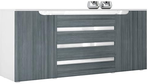 Vladon Sideboard Kommode Sylt V2, Made in Germany, Korpus in Weiß matt/Front in Avola-Anthrazit mit Absetzungen in Weiß Hochglanz (166 x 72 x 35)