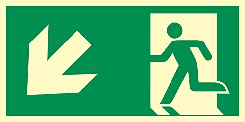 Schild Rettungsweg links abwärts Notausgang nachleuchtend 300 x 150 mm | 3 mm Alu-Verbund mit nachleuchtender Folie, langnachleuchtend nach ASR A1.3, wetterfest, Made in Germany