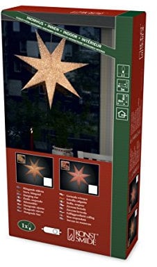 Konstsmide Weißer Papierstern, perforiert mit gold bedruckten Schneeflocken, 7 Zacken, inkl. Anschlusskabel mit an/aus Schalter, ohne Leuchtmittel, E14 Gewinde, 230V, Innen, weißes Kabel - 2911-280