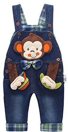 KIDSCOOL SPACE Baby Boy Girl Jean Overalls,Toddler Denim 3D Monkey Dungarees Pants,Blue,18-24 Months