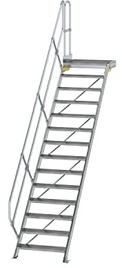 Aluminium-Treppe mit Plattform 45°, Stufenbreite/Stufentiefe 800 / 240 mm Stufenanzahl 14, Senkrechte Höhe 2,91 m