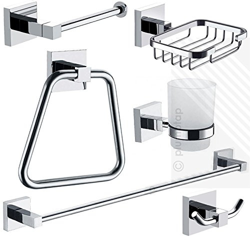 6 Piece Bathroom Accessories KIT in Chrome, Very Strong & Modern Wall Mounted Towel Rail & Ring, Toilet Roll Holder, Hook, Tumbler and Soap Basket by EcoSpa