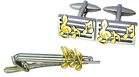magdalena r. Musiker Set Manschettenknöpfe + Krawattennadel Musiknotenzeile mit Violinschlüssel Bicolor glänzend inkl. Geschenkbox