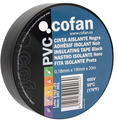 Cofan Cinta Aislante 180 Micras | Color negro | Resistente al voltaje, al calor y a diferentes ácidos y alcalinos