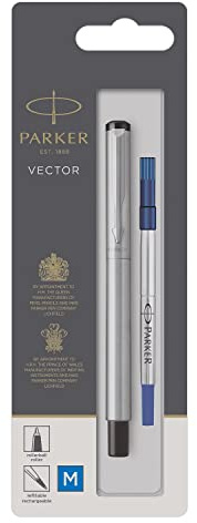 Parker Medium Point Vector Rollerball Pen, Stainless Steel with Chrome Trim, Blue Ink, Blister Pack