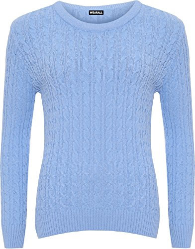 WearAll Women's Cable Knit Long Sleeve Top Ladies Jumper Sweater - Light Blue - 16-18