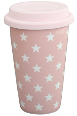 Krasilnikoff - Kaffee To Go Becher - Travel Mug - Rosa Sterne - Porzellan, Silikon - 350 ml