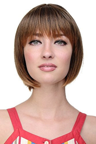 WIG ME UP - 703-2T114 Sexy Bob, Perücke, gerader Pony, Schwarz-Braun-Mix, Schwarzbraun und Hell-Rostbraun gesträhnt mit hell-rostbraunen Spitzen