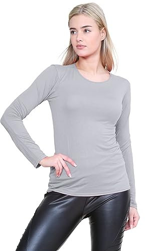 janisramone® Long Sleeve T Shirts Women, Plain Round Neck Breathable Basic Summer Tops for Women UK, Stretchy Slim Fitted Going Out Tops Grey