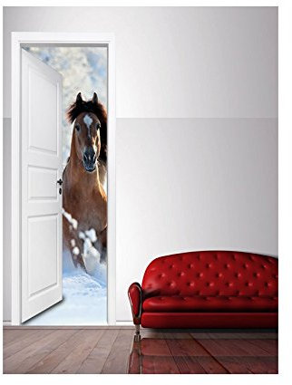 Stickers trompe l'oeil porte Cheval dans la neige - L 93cm x H 205cm