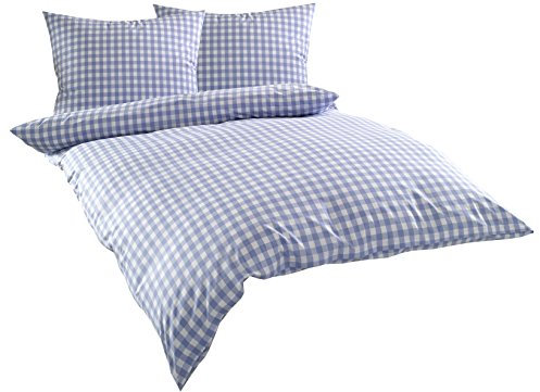 Mako Batist/Mako Perkal Landhaus Bettwäsche Karo Oslo kariert (200 cm x 220 cm + 2X 80 cm x 80 cm, Blau - Karo)