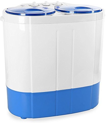 oneConcept DB003 - machine à laver, mini-machine à laver, lave-linge de camping, essoreuse, pour célibataires, étudiants, campeurs, capacité 2 kg, 250 W de puissance de lavage - blanc-bleu