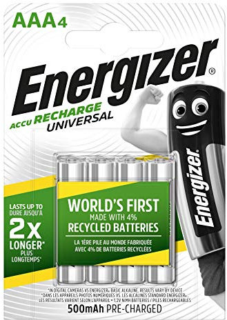 Energizer Recharge Universal - AAA Akkus (4 Stück) - 500 mAh NiMH Batterien - Bis zu 1000 mal wiederaufladbar - voraufgeladen und sofort einsatzbereit - 100% plastikfreie Recycelbar Verpackung