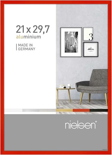 nielsen Bilderrahmen, 21 x 29,7 cm (A4), Aluminium, Rot glanz, Dokumentenrahmen zum Aufhängen im Hoch- & Querformat, Echtglas, Pixel