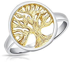 DTPsilver® Bague en Argent Fin 925 Plaqué Or Jaune - Arbre de Vie