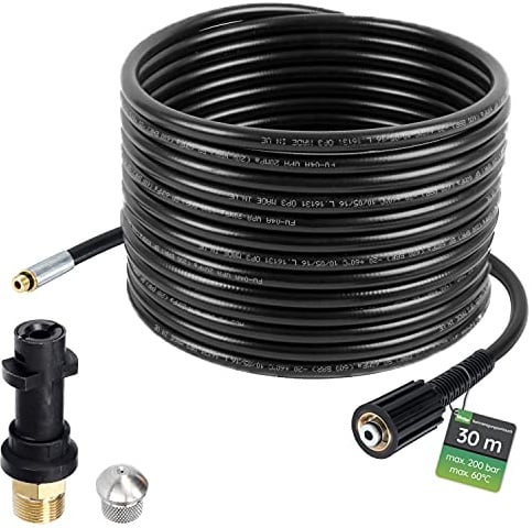 McFilter | Rohrreinigungsschlauch, 30m, 200 bar, 60 °C inkl. Adapter und Düse starr für Hochdruckreiniger, u.a. geeignet für Kärcher