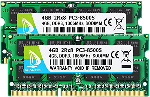 DUOMEIQI 8GB Kit (2 X 4GB) 2RX8 PC3-8500S DDR3 1066MHz SODIMM CL7 204 Pin 1.5v Non-ECC Unbuffered Notebook Memory Laptop RAM Modules Compatible with Intel AMD and Mac Computer