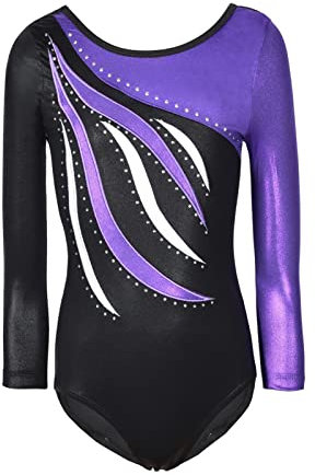 MORESAVE Gymnastikanzug für Mädchen, glitzernde glänzende Stickerei, langärmelig, Gymnastikanzug, Ballett, Tanz, Turnanzug, einteiliges Übungsoutfit, violett, 4-5 Jahre