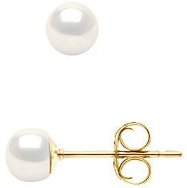 PEARLS & COLORS - Boucles d'Oreilles Véritables Perles de Culture d'Eau Douce Boutons - Blanc Naturel - Qualité AAA+ - Or Jaune - Système Poussette Haute Qualité - Bijou Femme