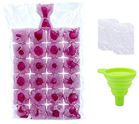 Ice Cubes Disposable Ice Cube Bags - 100 PCS Ice Cube Mold Trays Self-Seal Faster Freezing Maker for Whiskey Cocktails Drinks Kitchen BBQ Parties and Travel(Transparent, with 1 funnels)