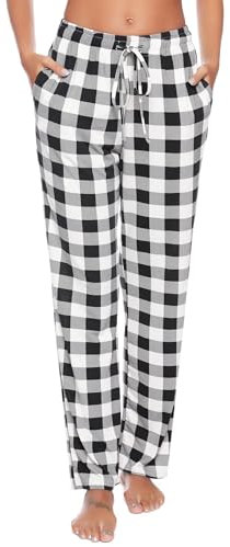 Vlazom Pantalon de Pyjama Femme Bas de Pyjama Femmes à Carreaux Pantalon de Nuit avec Poches,Blanc/Noir,XXL