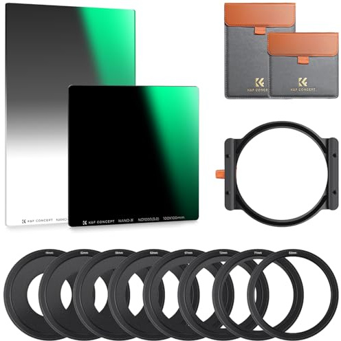 K&F CONCEPT 100mm Square ND1000 (10 Stop) Filter +150mm Soft GND8 Filter (3 Stops) + Metal Holder + 8 x Adapter Rings Square Kit for Camera Lens