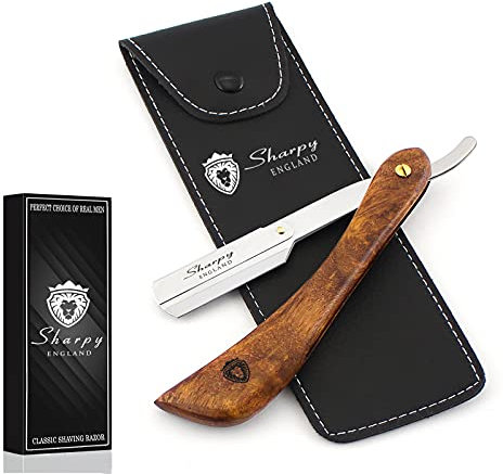 Sharpy Rasiermesser-Set mit Holzgriff, Edelstahl, Braun, Uni Rasiermesser für Männer & Schnurrbart & Bart – traditioneller Stil, rostfrei