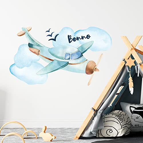 GRAZDesign Wandtattoo Kinderzimmer Junge Flugzeug personalisiert mit Name Wandsticker Babyzimmer Jungen Wandaufkleber 99x57cm (BxH)