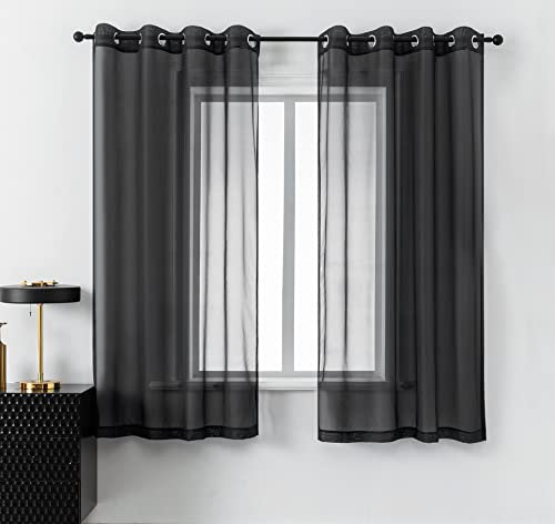 DUALIFE Schwarze transparente Vorhänge 137 cm Länge für Kellerfenster, Set mit 2 Paneelen, halbdurchsichtig, kurze Vorhänge für kleine Fenster, Küche, Schlafzimmer, Badezimmer, 132 x 137 cm lang
