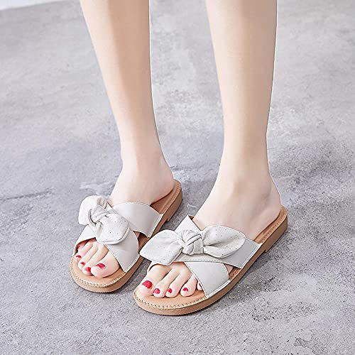 MLLM Sandales de Douche Claquettes,Pantoufles à Fond Souple Bow, Chaussures de Plage antidérapantes pour Femmes Enceintes-Beige_40,Intérieures d'été Sandales