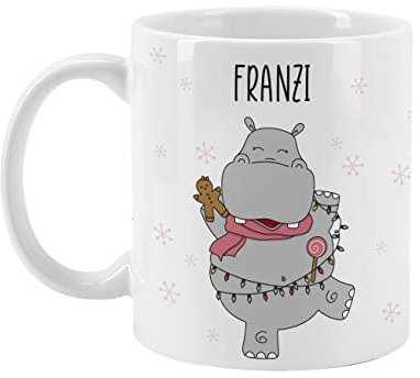 Herz & Heim® Keramik Tasse mit Nilpferd, Schneeflocken und Wunschname