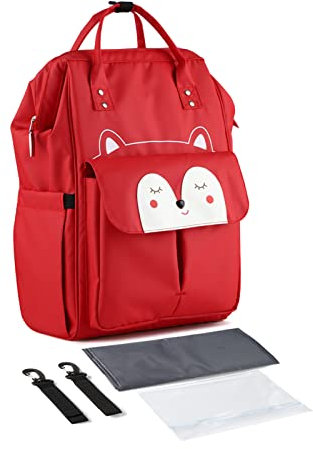SONARIN Stylische Großer Kapazität Baby Wickelrucksack Wickeltasche,Multifunktions Wasserdicht Babytasche Wickeltasche Rucksack Reisetasche mit Wickelunterlage & Kinderwagen Haken(Rot)