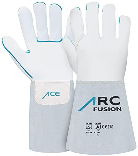 ACE Guantes de Soldadura Fusion - EN 388/407/12477 Guantes de Trabajo de Cuero para Soldadores - Resistentes a Altas Temperaturas - Costuras de Kevlar - Protección al Soldar - 08/M (Paquete de 1)