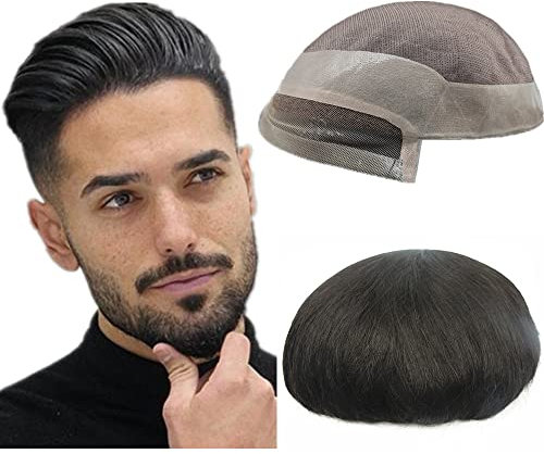 Echthaar-Toupet für Männer,NLW Herren Toupet Spitze mit Mono um Haarersatzsystem natürliches Echthaarteil für Männer Haar Echthaarperücken 8 * 6 MONO (#1B 8 * 6)