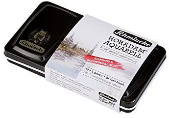 Schmincke - HORADAM® AQUARELL 12 Half Pans - Standard and Super Granulating Colors - and da Vinci Brush, 74630097, Metal Box, Painting Set, 12 x 1/2 Pans